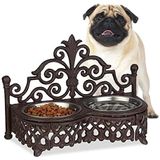 Relaxdays Gietijzeren voederstation voor honden, antieke stijl, dubbele roestvrijstalen voerbak, 0,3 l, bruin