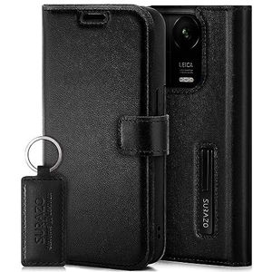 SURAZO Xiaomi 14 5G hoes, echt leer, opvouwbare beschermhoes met magneetsluiting, kaartenvak, RFID-bescherming, standfunctie, lederen flip case, zwart