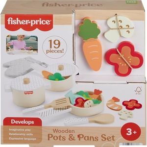 Fisher-Price HXT83 Keuken, Fantastisch spel, houten pannenset met 19 houten delen voor peuters en kleuters vanaf 3 jaar, HXT83