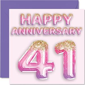 Mooie 41e verjaardagskaart voor vrouw, vriendin, echtgenoot, vriend - roze en paarse ballonnen met glitter - wenskaarten voor de 41e verjaardag van het gezin - wenskaarten voor de 41e verjaardag