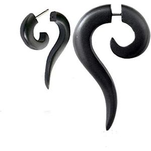 Chic-Net Sono tribal spiraal oorbellen hout langwerpig zwarte punt valse piercing, roestvrij staal, zonder steen, Hout Roestvrij staal, Zonder steen
