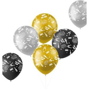 Folat 63769 6 stuks latex ballonnen zwart goud HNY-zwart, goud, zilver, nieuwjaarsdecoratie, Nieuwjaar, vrolijk nieuwjaar, Happy New Year, meerkleurig