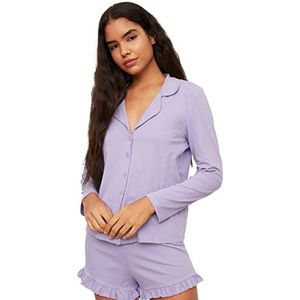 Trendyol Paarse Ruffle Detailed Gebreide Pajamas Dames Pyjamaset, Paars.