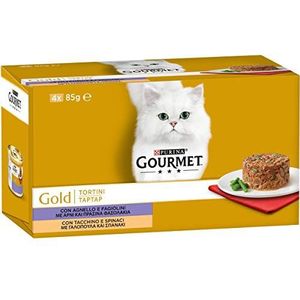Purina Gourmet Gold - 48 stuks natvoer voor katten, terrines, kalkoen en spinazie, elk 85 g (12 blikjes van 4 x 85 g)