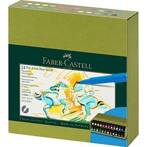 Faber-Castell PITT Artist Penseelstiften, 24 stuks, verschillende kleuren, in gerecyclede doos, permanente marker voor schetsen, tekenen, schilderen, kunst, dikke lijn, professionele en hobbypennen