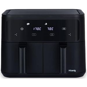H.Koenig Airfryer FRY900 Friteuse zonder olie, 2 tanks, XXL, dubbele capaciteit, 9 l, verstelbaar, 80-200 °C, 5 kookmodi, timer, 60 minuten, 8 programma's, touchscreen