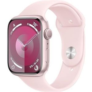 Apple Watch Series 9 (45 mm GPS) Smartwatch met roze aluminium behuizing en lichtroze sportarmband (M/L). Tracker voor fysieke activiteit, apps voor zuurstof in het bloed en ECG, Retina-display altijd