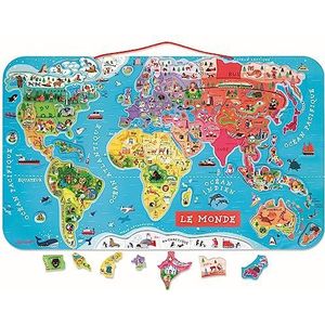 Janod - Puzzel wereldkaart, magnetisch, van hout – 92 delen magnetisch – 70 x 43 cm – Franse versie – educatief spel vanaf 7 jaar, J05500