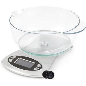 Salter 1069 SVDR Elektronische keukenweegschaal, 4-in-1, met klok, timer en omgevingstemperatuur, capaciteit 5 kg, 1,8 l, vaatwasmachinebestendig, toevoegen en wegen, zilverkleurig