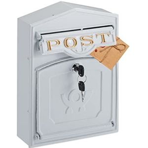 Relaxdays Retro brievenbus, gouden opschrift, 31,5 x 23 x 9 cm (h x b x d), nostalgische brievenbus, gegoten aluminium, wit