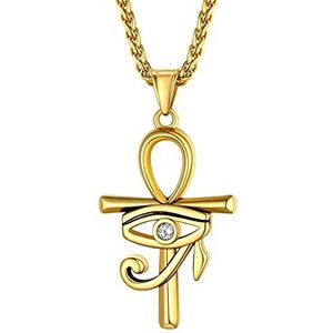 Bestyle Horus oog hanger ketting Egyptisch kruis ankh met kever / zirkonia sieraden heren dames roestvrij staal ketting 56 cm zilver/goud/zwart, Goud, roestvrij staal, Strass