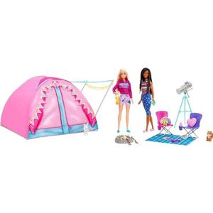 Barbie Familie campingset met 2 Malibu en Brooklyn poppen, tent en accessoires, waaronder dierenfiguren en telescoop, kinderspeelgoed, HGC18