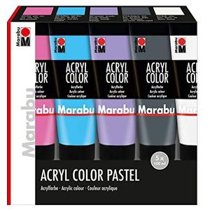 Marabu 12010000000088 set van 5 pastel acrylverf 100 ml in wit, lavendel, lichtblauw, roze en donkergrijs, satijnen acrylcrème op waterbasis, sneldrogend, mengbaar en goed dekkend