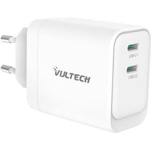 VulTech CC45-2C Universele oplader voor smartphone, tablet, 45 W, GaN 2 x USB-C/Type-C PD3.0 QC3.0 PPS, wit, compact formaat