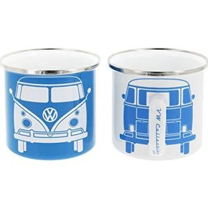 BRISA VW Collection - Volkswagen Combi Bus T1 Camper Van Set 2 koffiekopjes met emaille coating, theekopjes, bekers voor de keuken, campingaccessoires (blauw/wit)