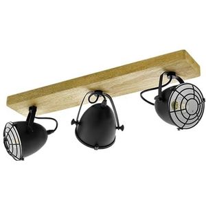 EGLO Plafondlamp Gatebeck met drie lichten, vintage, industriële en retrostijl, plafondspot van zwart staal en natuurlijk hout, woonkamerverlichting, E14 fitting, FSC-gecertificeerd