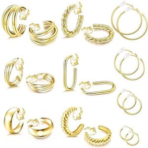 FIOROYAL 10 paar gouden creolen voor dames, 14 karaat verguld, met grote clip-oorbellen zonder piercing, Gelegeerd staal, Kubieke zirkonia