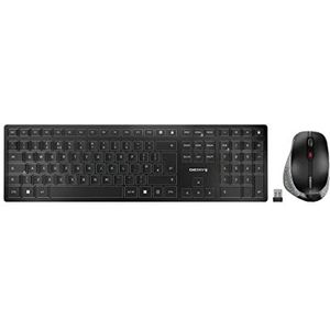 Cherry DW 9500 Slim, draadloos toetsenbord en muis, UK-lay-out (QWERTY), Bluetooth of radio-verbinding, plat ontwerp, oplaadbaar, ergonomische muis voor rechtshandigen, zwart-grijs