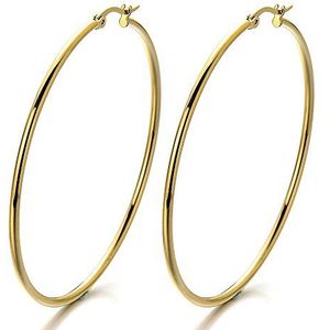 2 grote gouden oorbellen, rond, scharnieren, voor dames, meisjes, creolen, roestvrij staal