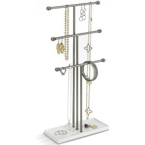 Umbra Trigem Sieradenorganizer om op te hangen, 3 niveaus, halskettingstandaard, voor tafel, sieradenkistje en sieradenstandaard, met sieradendienblad, wit/nikkel