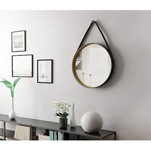 Talos Golden Style ronde spiegel Ø 55 cm - wandspiegel met ophangkoord in lederlook - ronde spiegel in trendy design - zwarte spiegel met hoogwaardig aluminium frame