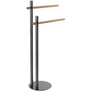 Piantana Handdoekenrek voor badkamer, met 2 haken, van metaal en bamboe, 22 x 80,5 x 22 cm, zwart en beige