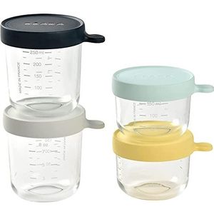 Béaba Set met 4 extra resistente glazen verpakkingen om babymaaltijden in te bewaren, gemaakt in Frankrijk, 100% luchtdicht, hittebestendig, invriezen, sterilisatie, schaalverdeling, 2 x 150 ml, 2 x