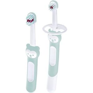 MAM Learn to Brush Babytandenborstelset met lange handgreep om bij elkaar te houden Tandenborstel voor kinderen traint tandenpoetsen vanaf 5 maanden, turquoise, 1 stuk (1 stuk)