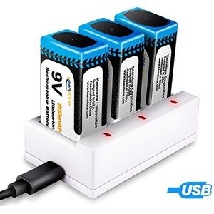 Batterijen 9 V, oplaadbaar, 3 stuks en oplader met 3 sleuven, Keenstone 800 mAh lithium-ion batterij 9 V PP3, oplaadbaar, lage zelfontlading, hoge energiedichtheid, 500 laadcycli (USB-kabel