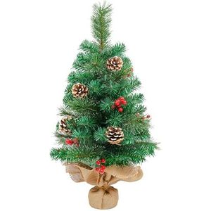 Kunstkerstboom 60 cm met dennenappels, rode bessen, groene dennenbladeren, 70 punten, linnen katoen en cementbasis voor kerstdecoraties
