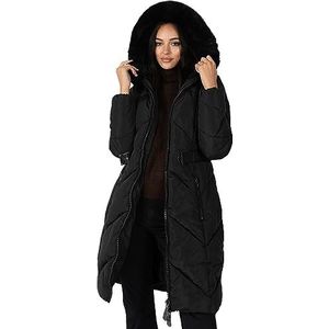 Lovedrobe Gewatteerde winterjas van imitatiebont met capuchon en ritssluiting, voorzakken, damesmantel (1 stuk), zwart.