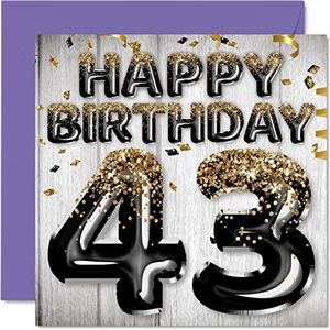 Verjaardagskaart voor de 43e verjaardag voor mannen - ballonnen met pailletten in zwart en goud - verjaardagskaart voor mannen voor de 43e verjaardag, papa, neef, vriend, broer, oom, 145 mm x 145 mm - wenskaarten voor de 43e verjaardag