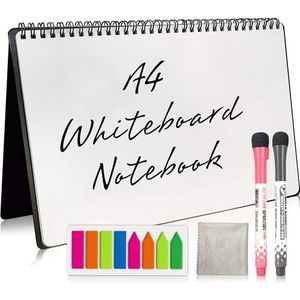 NEWYES Notitieboek, whiteboard, DIN A4, met 2 pennen op waterbasis, droog uitwisbaar notitieblok met whiteboard-blad, voor studenten, klaslokaal, kantoor, vergaderingen, taken, oneindig,