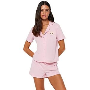 Trendyol Ensemble de pyjama court chemise en tricot uni pour femme, rose clair, M, rose clair, M