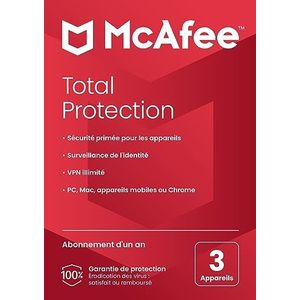 McAfee Protection totale 2022 | 3 appareils | Pack Sécurité antivirus | VPN, Gestionnaire de mots de passe | PC/Mac/Android/iOS | Abonnement d'un an | Par courrier