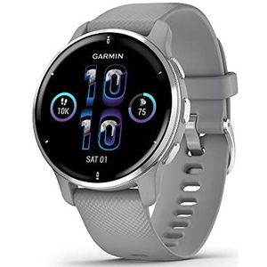 Garmin Venu 2 Plus GPS-smartwatch voor multisport, met oproepen via Bluetooth en gezondheidstracking, zilver met grijze siliconen armband, 43 mm behuizing (gereviseerd)