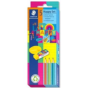 STAEDTLER Set schrijfwaren in de kleuren Happy Colors, 3 Nordic potloden, 1 rashoplast-gum, 1 dubbele puntenslijper, om te beschrijven en te schilderen, 61 SC3 HA