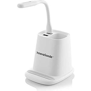 InnovaGoods - Draadloze oplader met organizer houder en DesKing 5-in-1 USB-ledlamp, wit