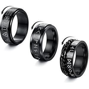Adramata 3 stuks roestvrijstalen ring voor heren en dames, coole spinner fidget-ring, zwart, Vikingrune, ring, verlovingsring, huwelijksbelofte, ring, set ringen, maat 57-70, Roestvrij staal