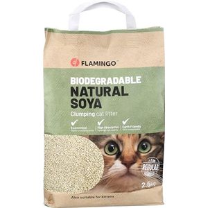 Flamingo Soja kattenbakvulling, fijn granulaat, 2,5 kg, voor 6 weken, 100% natuurlijk en biologisch afbreekbaar, absorbeert snel