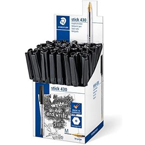 Staedtler Stick 430, hoogwaardige balpen, voor gebruik op carbonpapier, 50 stuks, zwarte stiften met gemiddelde punt, 0,35 mm, 430 M-9CP5