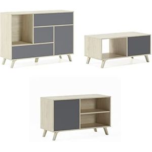 Skraut Home - Woonkamermeubels - Model Wind - met dressoir, tv-kast en salontafel - Nordic Style - Modern design - Melamine - eiken en grijs