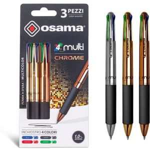 OSAMA Set van 4 kleurrijke chromen pennen 4 kleuren, 3 stuks, veelkleurige balpen 1,0 mm met zwarte, blauwe, rode en groene inkt, ideaal voor schrijfwaren en schrijfwaren op school, universiteit en