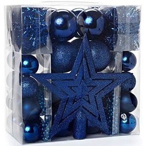 Heitmann Deco 45-delige blauwe kerstboomdecoratieset met dennenbos, ballen, parelkettingen en slingers, van kunststof.