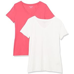 Amazon Essentials Dames T-shirt met korte mouwen en V-hals in verpakking van 2 stuks, klassieke pasvorm, felroze/wit, maat XXL