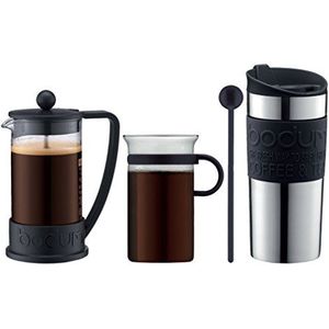 Bodum - K10948-01 Brazil Set – koffiemaker met 3 kopjes – 0,35 l + thermobeker voor reizen, roestvrij staal 0,35 l + beker glas met handvat 0,3 l + mixer 20 cm, zwart