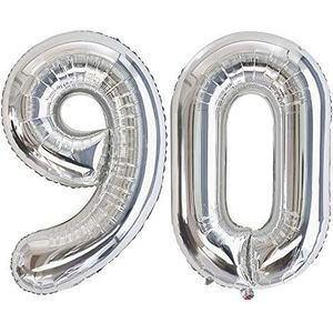 Ponmoo Luchtballon met cijfer 86 cm, 90 zilver, 0, 1, 2, 3, 4, 5, 6, 7, 8, 9, 10, 20, 30, 40, 50, 60, 70, 80, 90, 100, ballon leeftijd verjaardag, getal ballon, ballon 90 zilver
