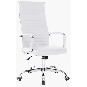 BAKAJI Ergonomische lederen bureaustoel met hoge rugleuning en lendensteun, draaistoel met gasverstelbare hoogte en 360° draaibare wielen, basis 64,5 cm, verchroomd (wit)