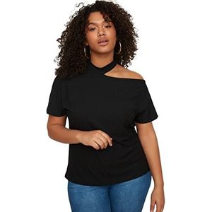 Trendyol Regular Fit damesshirt, normale pasvorm, basic ronde hals, gebreid, plus maat, damesblouse, zwart, 5XL grote maat, zwart.
