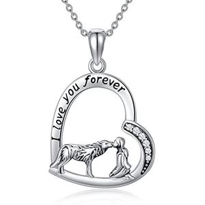 Zilveren wolf halsketting voor dames, hartvormige hanger, cadeau voor vrouwen en meisjes, Sterling Zilver